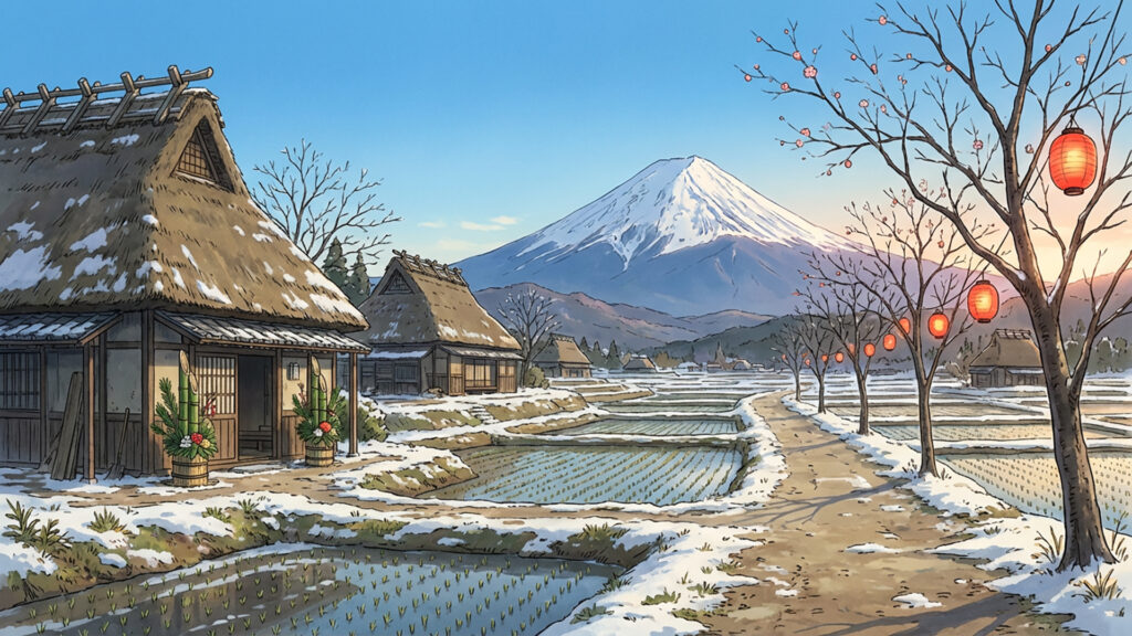 新年の田園風景と富士山