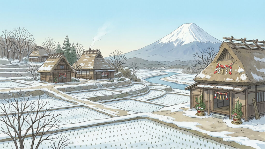 新年の田園風景と富士山