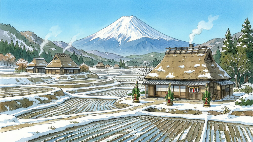 新年の田園風景と富士山