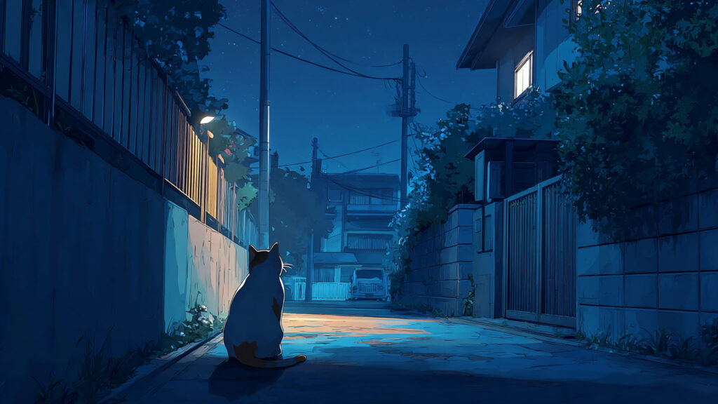 夜の街角と猫