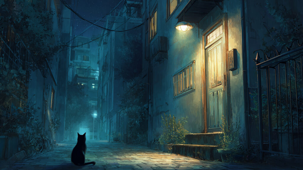 夜の街角と猫