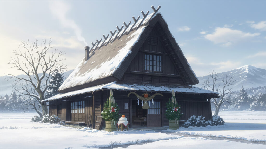 古民家と正月飾りの背景イラストのフリー素材