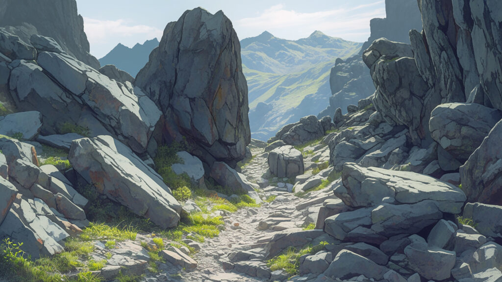 岩がごろごろした山道の背景イラストのフリー素材