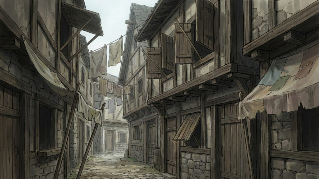 素朴な中世の裏路地の背景イラストのフリー素材