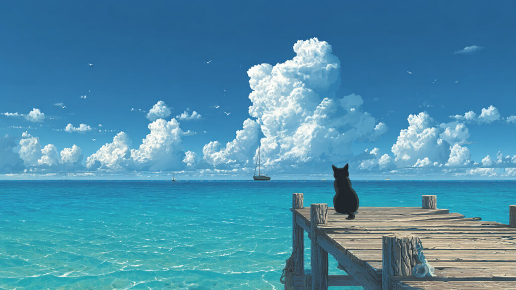 海辺と猫の背景イラストのフリー素材