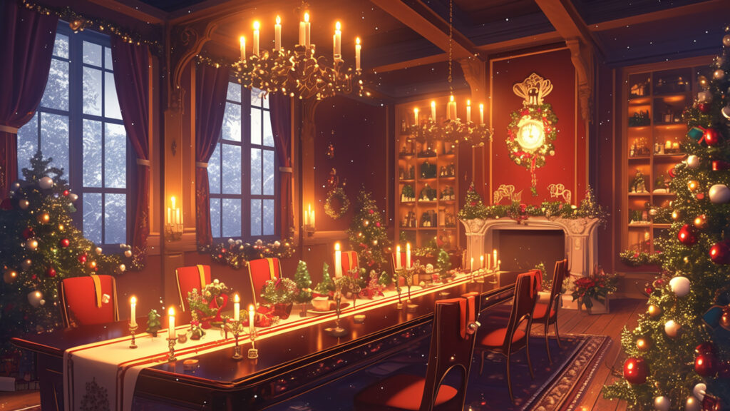 クリスマスディナーの準備がされた洋館のダイニング