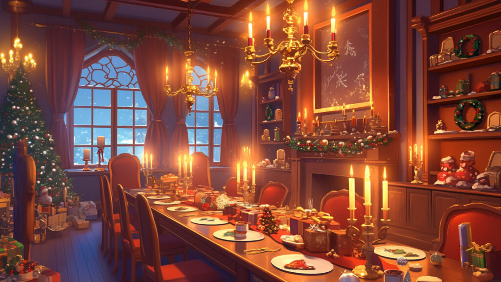 クリスマスディナーの準備がされた洋館のダイニング