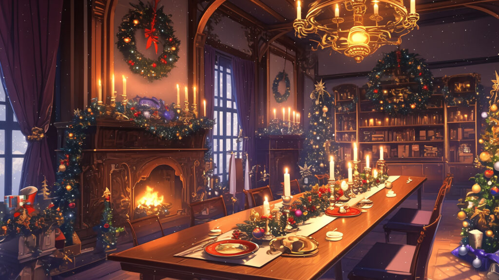 クリスマスディナーの準備がされた洋館のダイニング