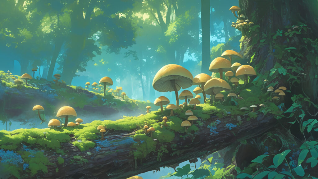 湿ったキノコの森の背景イラストのフリー素材