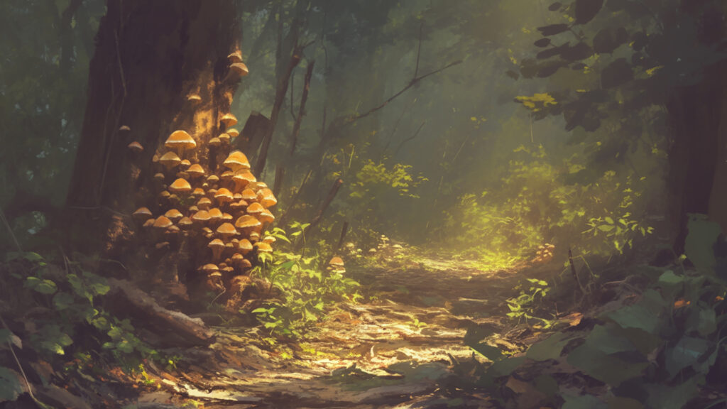 湿ったキノコの森