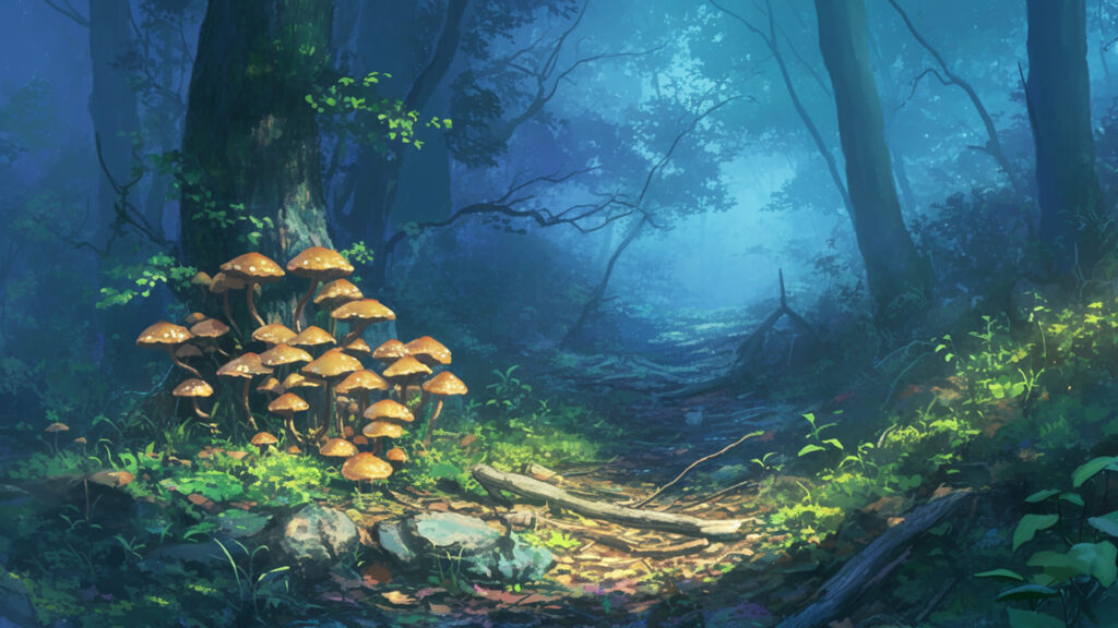 湿ったキノコの森