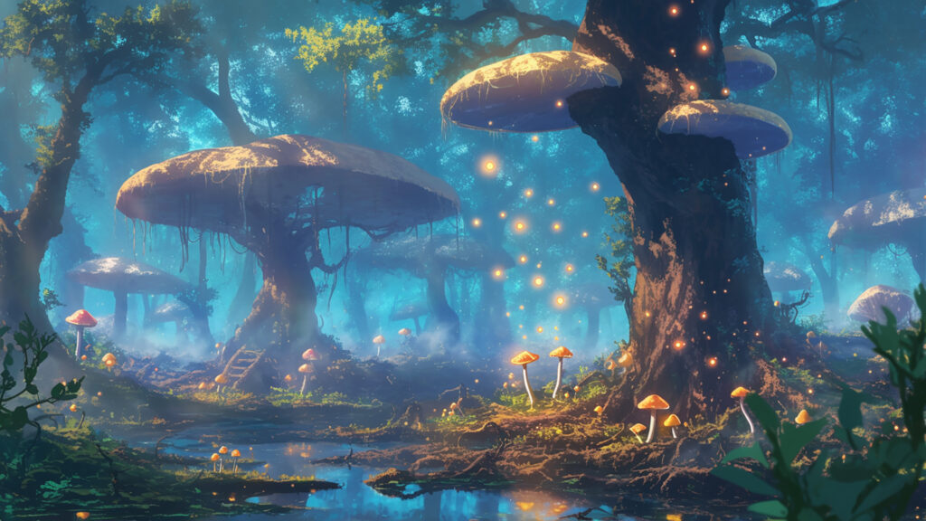 湿ったキノコの森