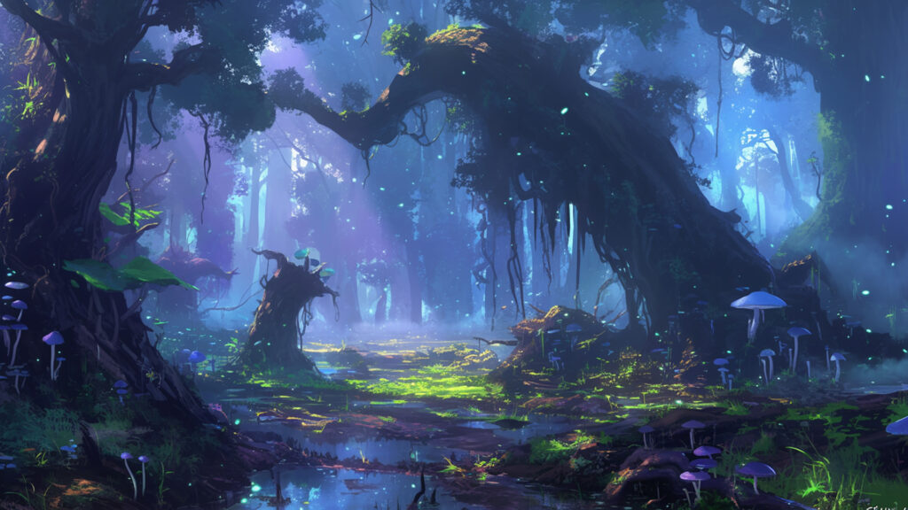 湿ったキノコの森