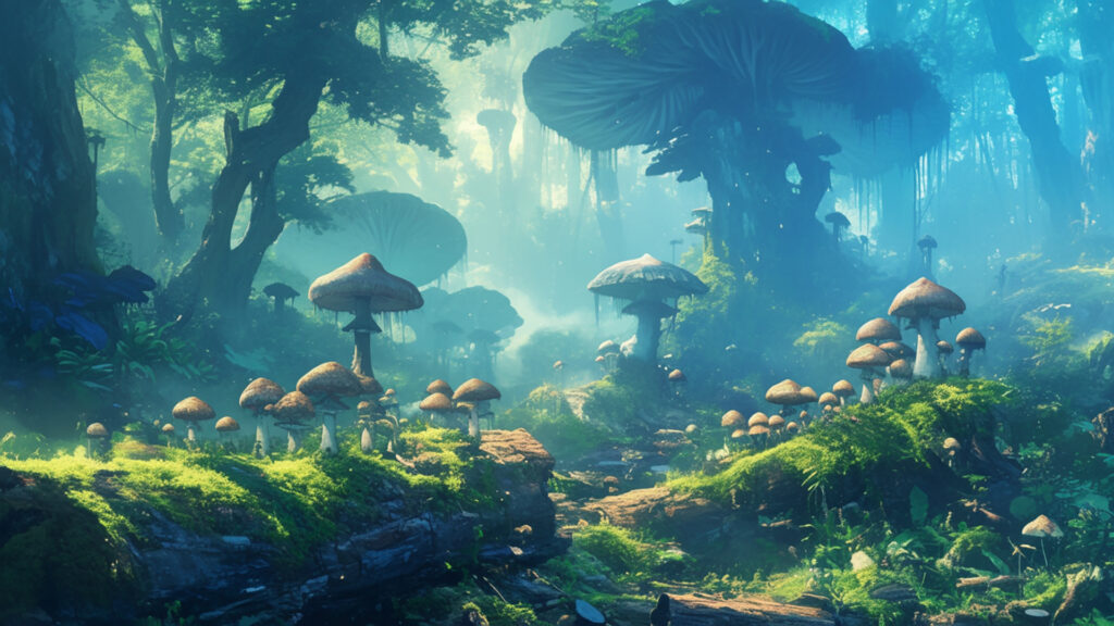 湿ったキノコの森