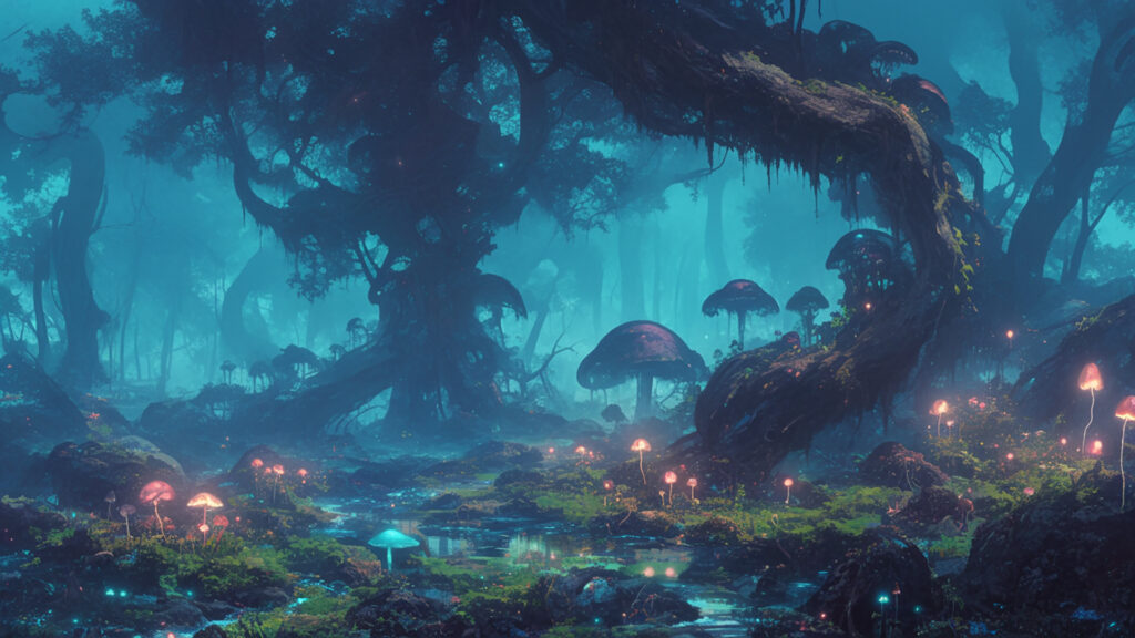 湿ったキノコの森