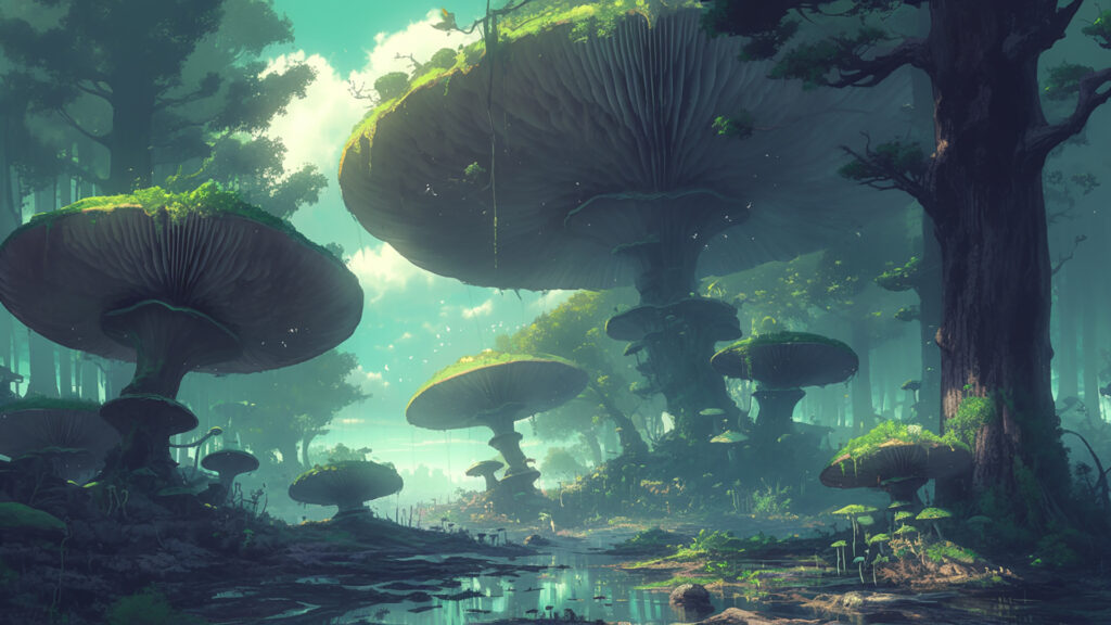 湿ったキノコの森