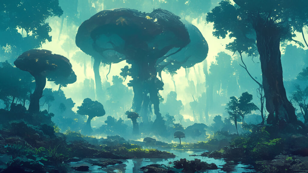 湿ったキノコの森