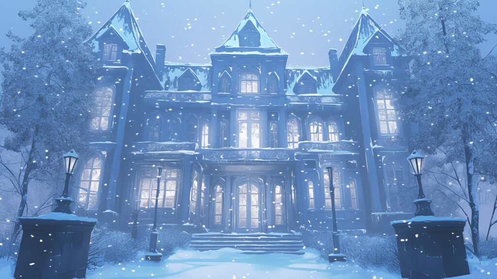 冬の屋敷の背景イラストのフリー素材
