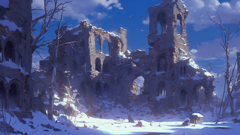 冬の廃墟の背景イラストのフリー素材