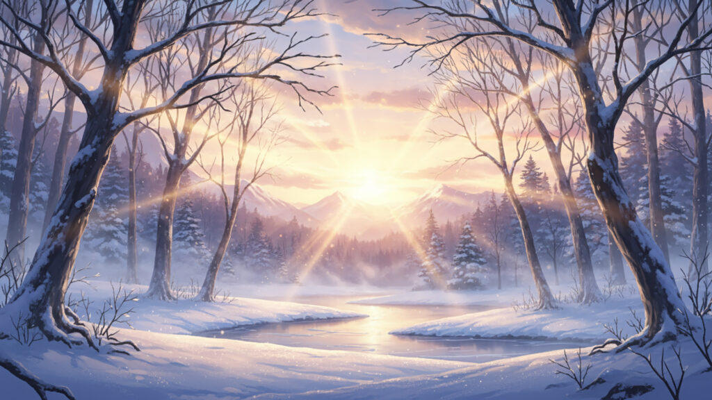 冬の森と日の出