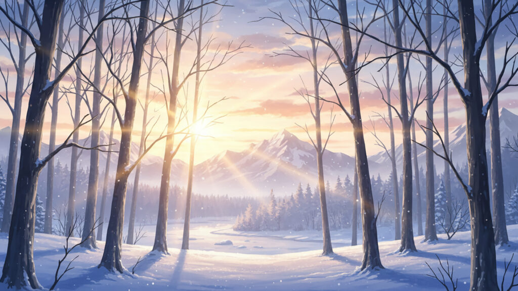 冬の森と日の出の背景イラストのフリー素材