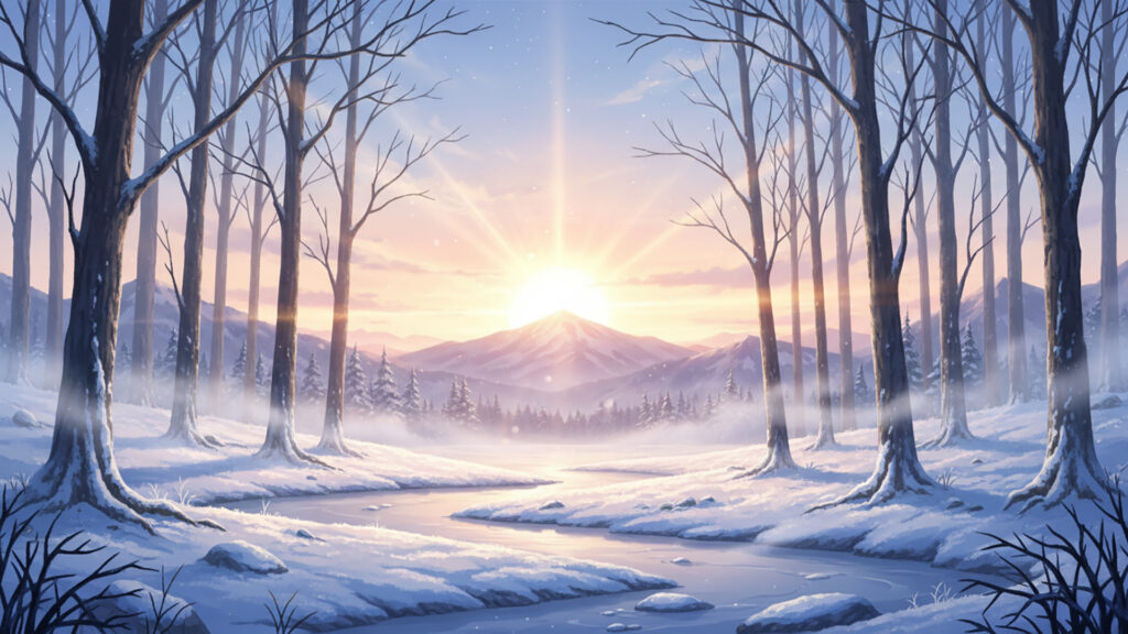 冬の森と日の出