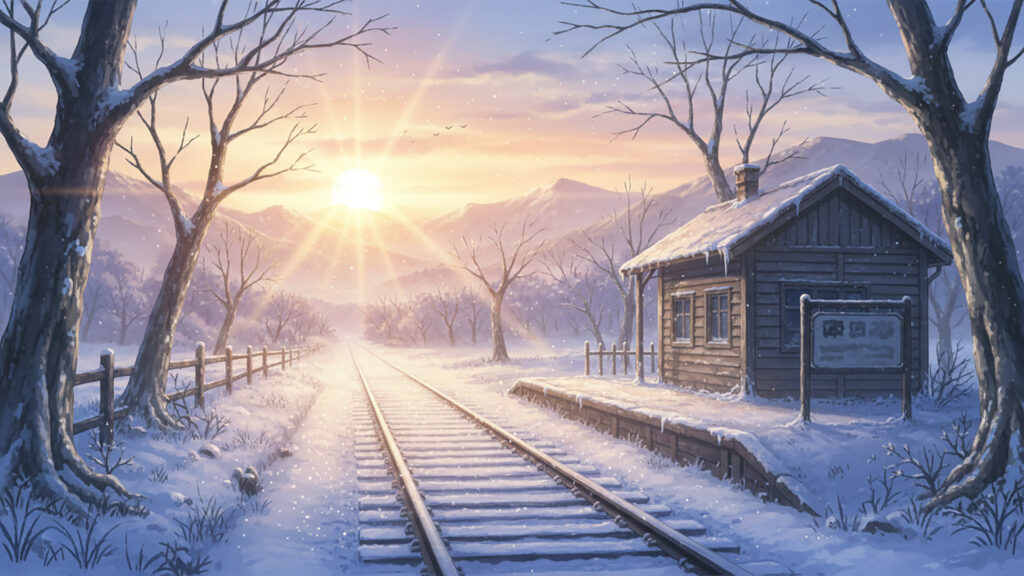 冬の線路と日の出