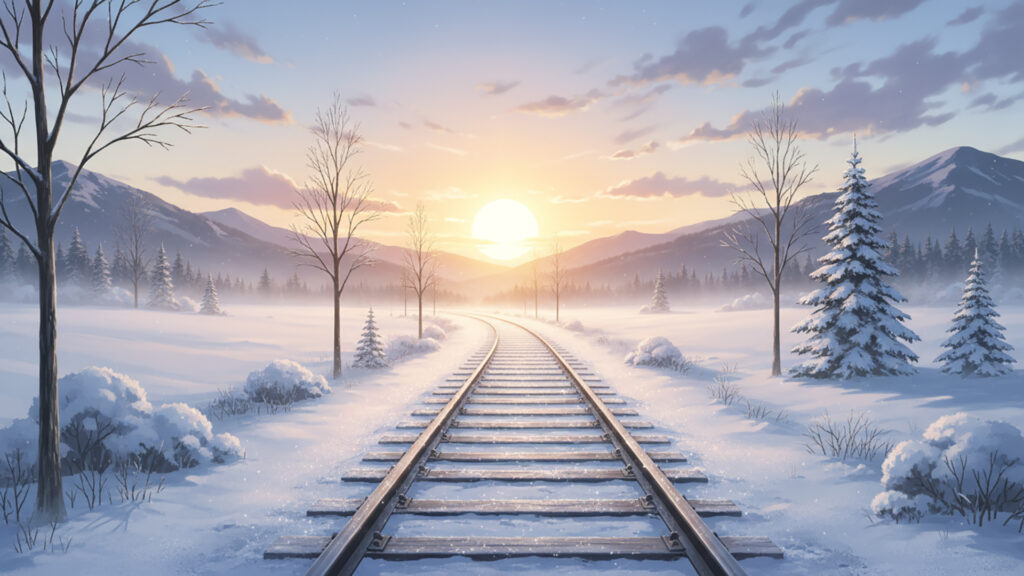 冬の線路と日の出の背景イラストのフリー素材