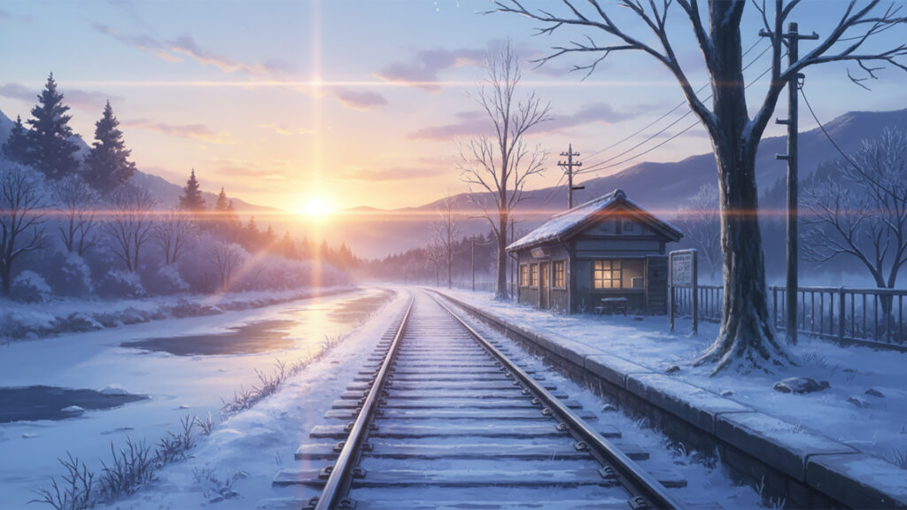 冬の線路と日の出