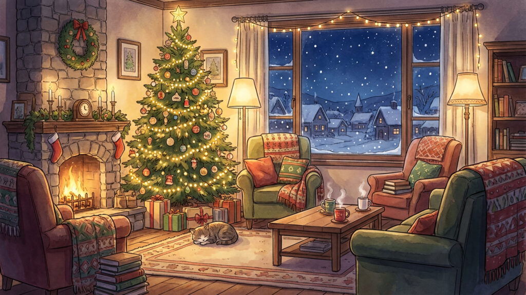 クリスマス装飾されたリビングルームの背景イラストのフリー素材