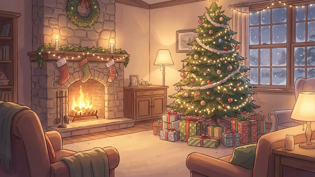 クリスマス装飾されたリビングルーム