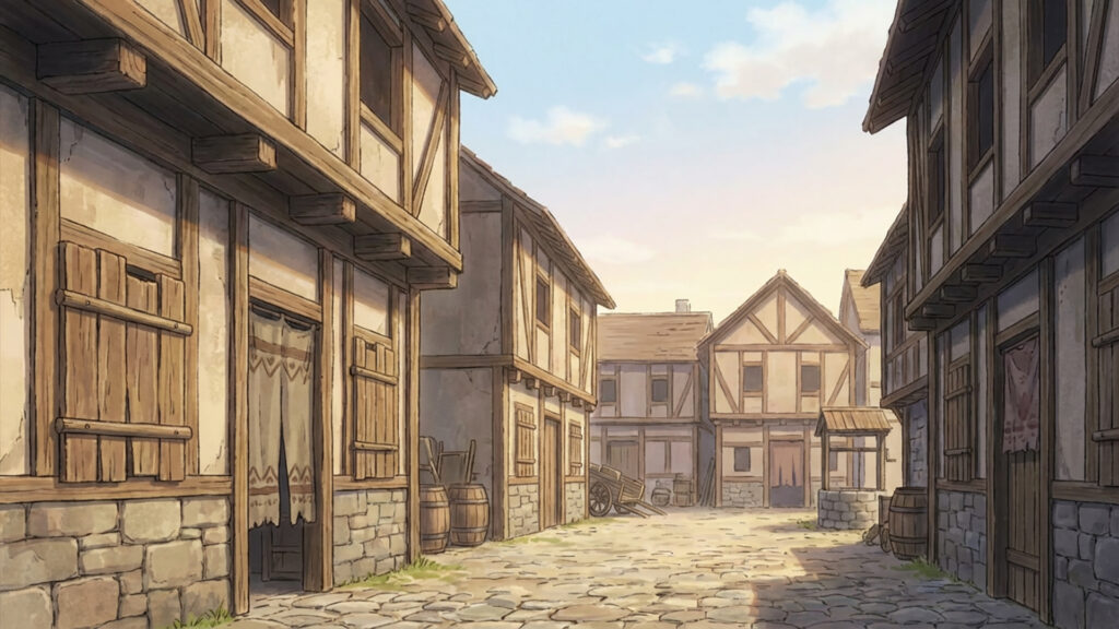 素朴な中世の街並み｜差分ありの背景イラストのフリー素材