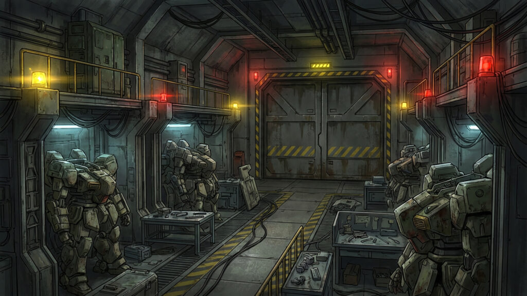 地下のメカ格納庫の背景イラストのフリー素材