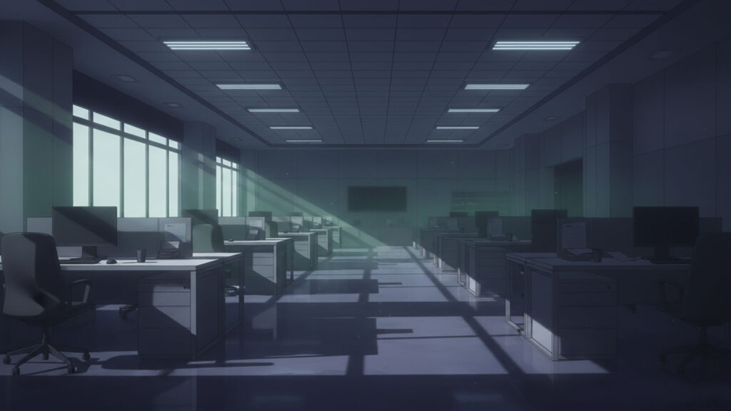 薄暗い怪しいオフィスの背景イラストのフリー素材