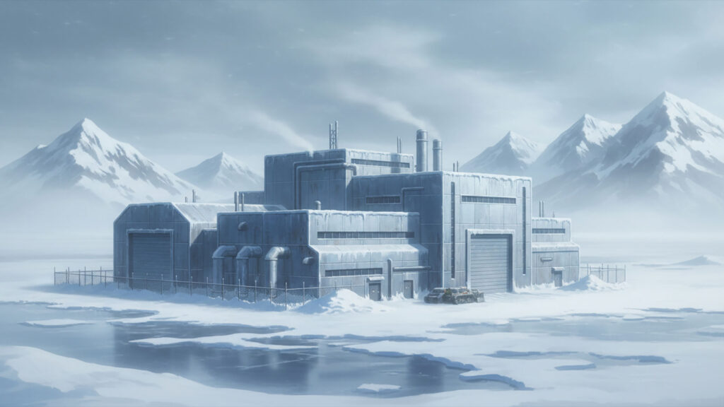 雪原に佇む整備施設の背景イラストのフリー素材