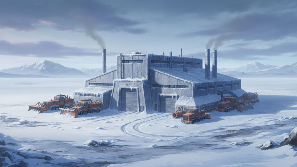 雪原に佇む整備施設