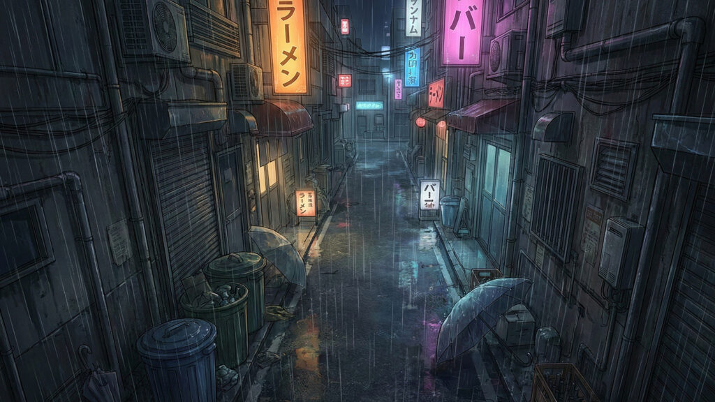 雨が降りしきる深夜の都会の路地裏