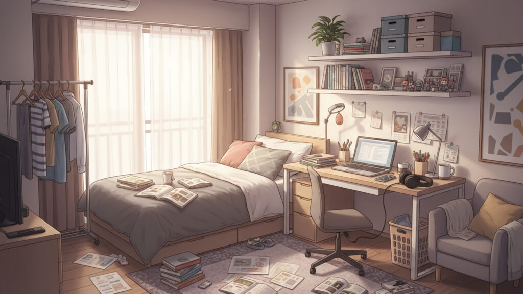 生活感のある1人暮らしの部屋の背景イラストのフリー素材