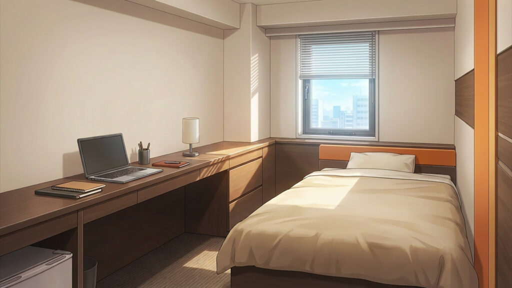 ビジネスホテルの長いデスクがある客室｜差分の背景イラストのフリー素材