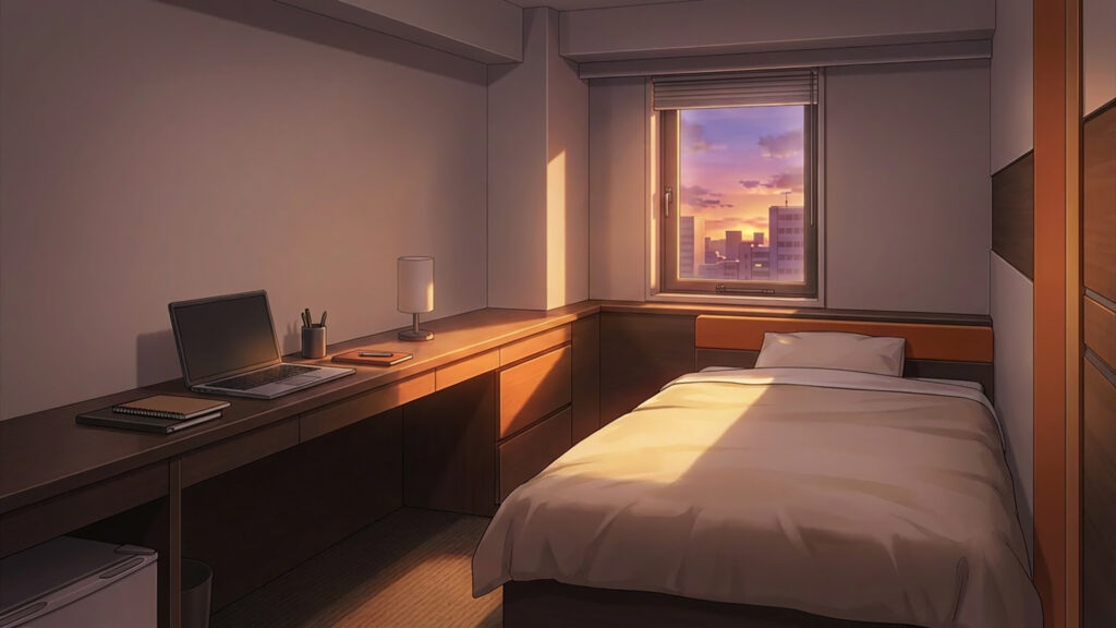 ビジネスホテルの長いデスクがある客室｜差分