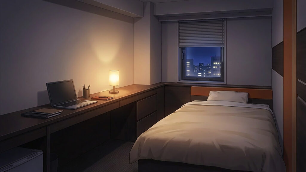 ビジネスホテルの長いデスクがある客室｜差分