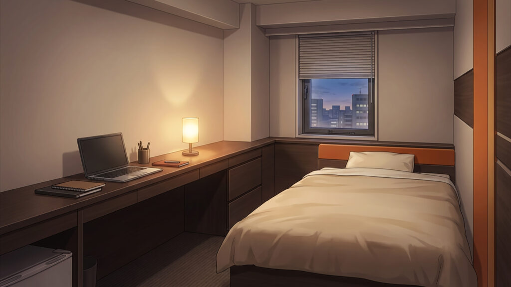 ビジネスホテルの長いデスクがある客室｜差分
