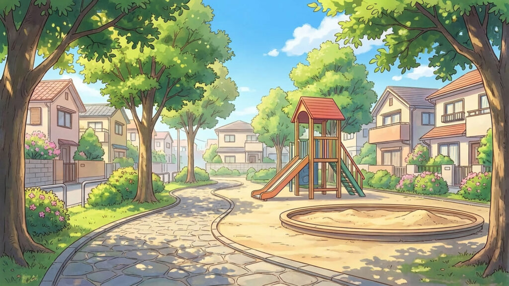 住宅に囲まれた小さな公園｜差分の背景イラストのフリー素材