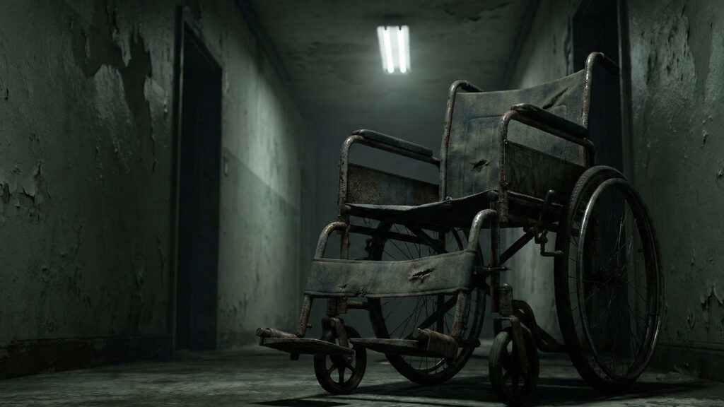 点滅する蛍光灯と車椅子が残された廃病院の廊下