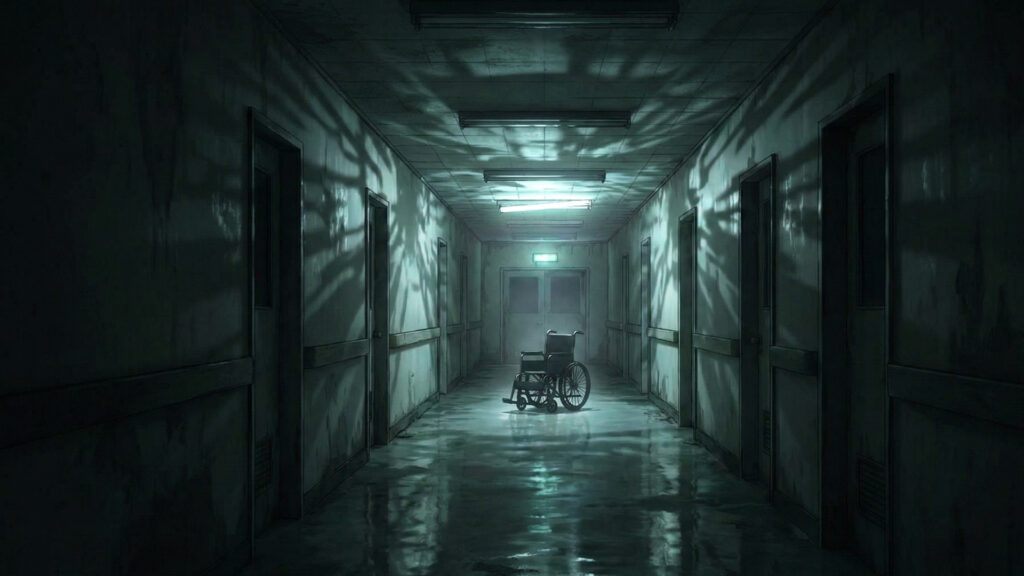 点滅する蛍光灯と車椅子が残された廃病院の廊下