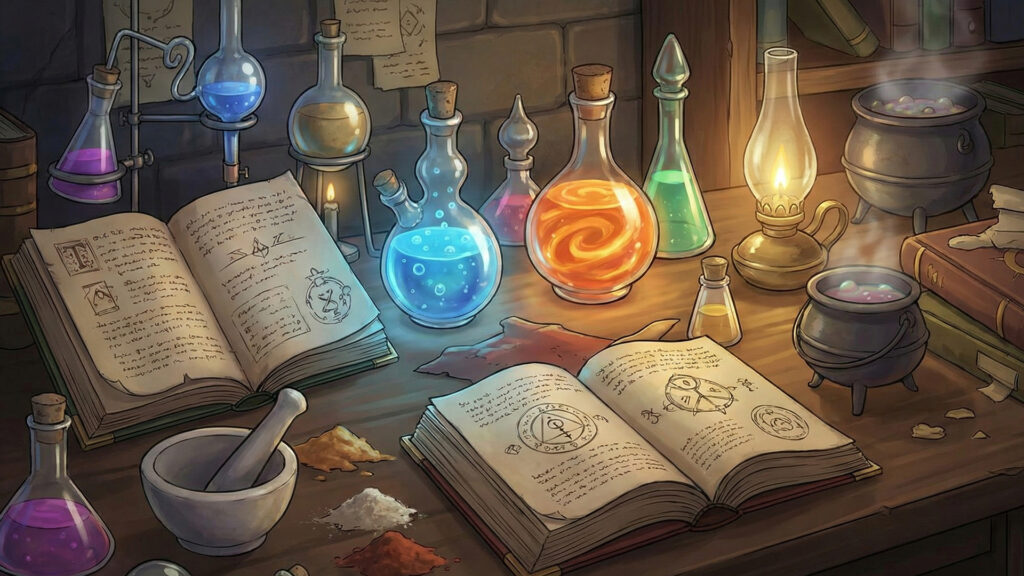 怪しい色の薬瓶や本が散乱している錬金術師の研究室