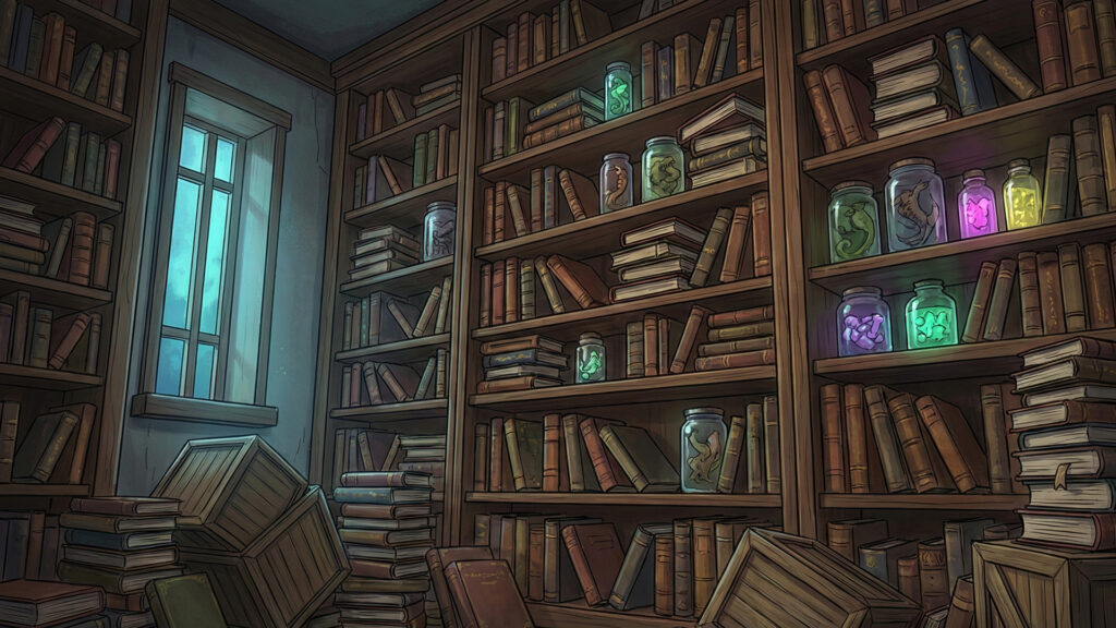 怪しい色の薬瓶や本が散乱している錬金術師の研究室