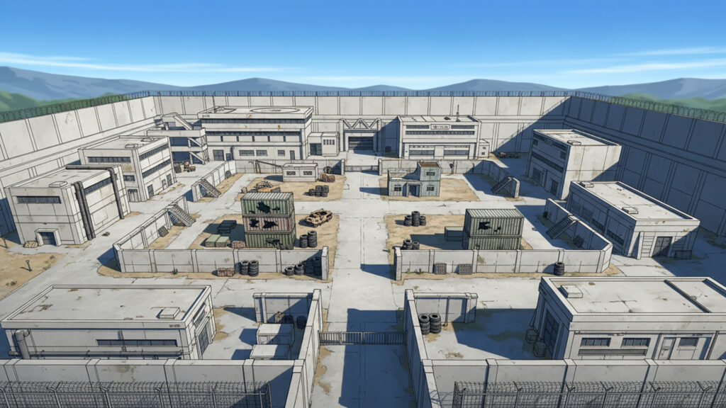 FPSゲームにありそうな廃工場エリアの背景イラストのフリー素材