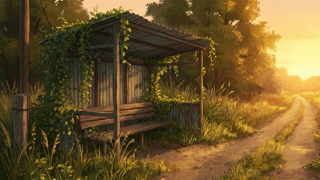 夏草が生い茂る田舎のバス停と一本道