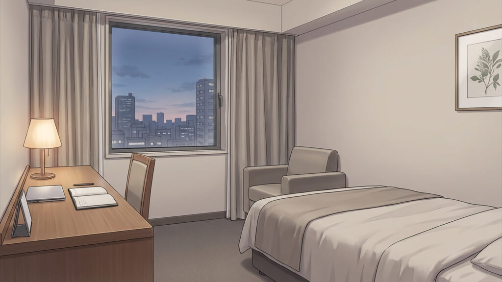 ビジネスホテルのデスクとソファのある客室｜差分